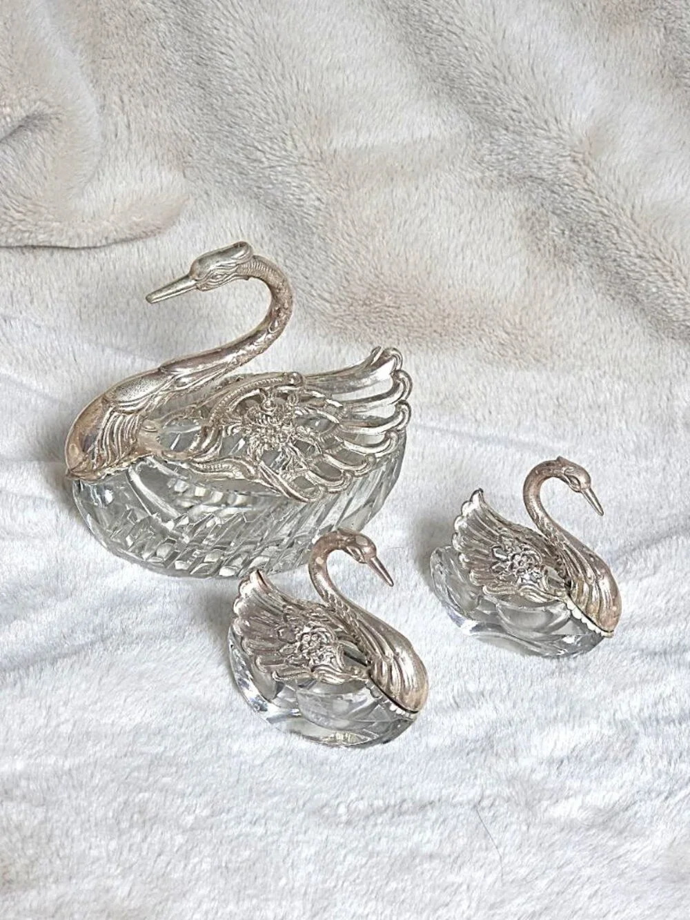 Vintage German Sterling Silver & Crystal Swan Master Salt Cellar Set of 3 - #F